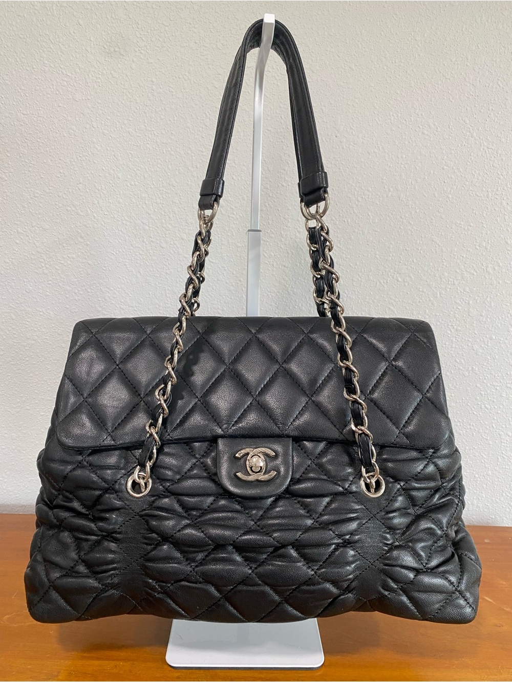 Black Quilted Leather Shoulder Bag with Chain-Strap Handles